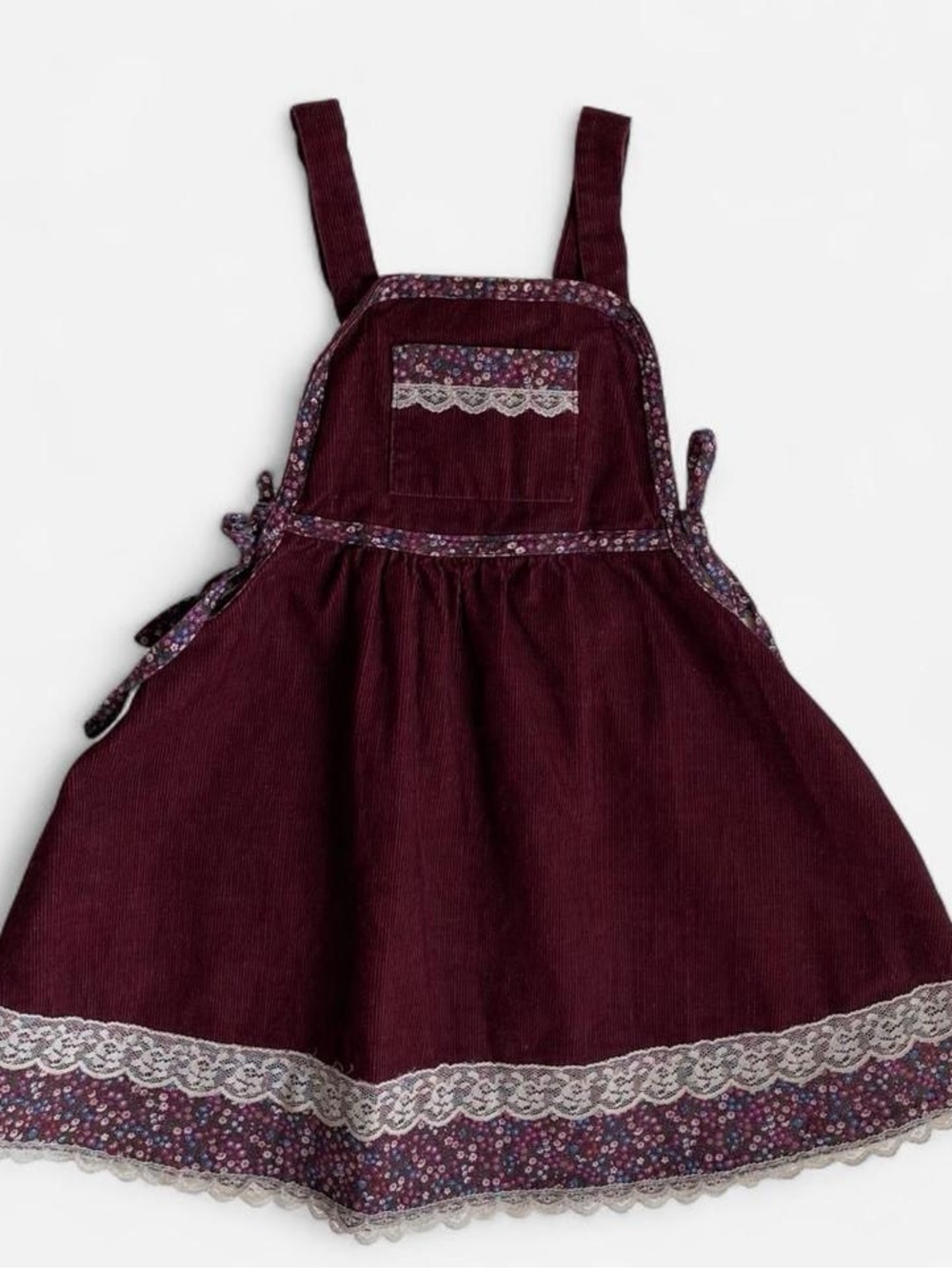 Vintage 70s Gunne Sax Girls Burgundy Corduroy Floral Jumper Pinafore Dress